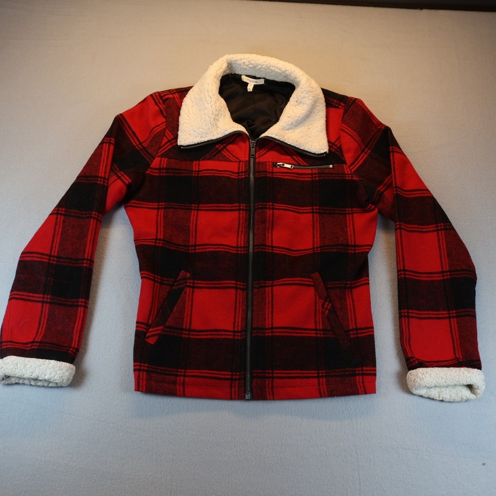 Maurices Red Black Buffalo Plaid Wool Blend Jacket Faux Shearling Collar Small